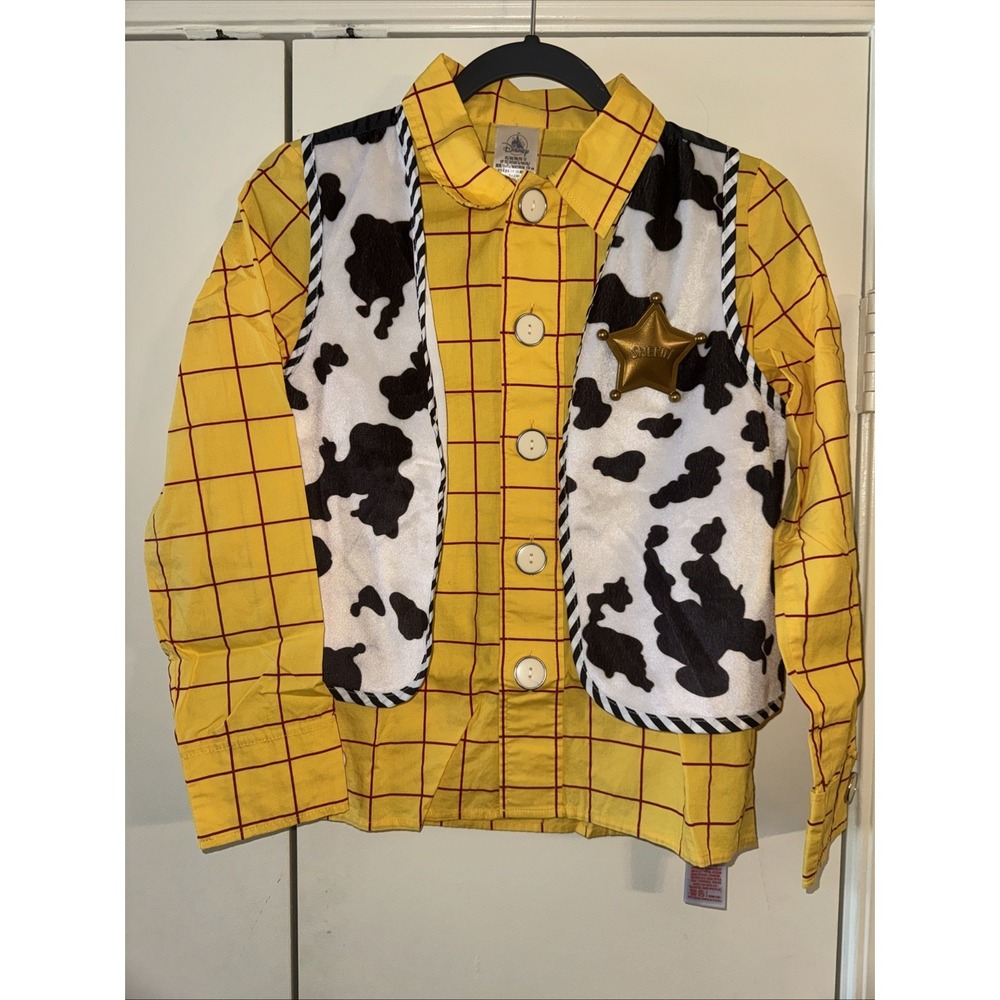 Disney Store Woody Costume Yellow Grid Shirt Cow Print Vest Size Kid - Picture 2 of 7